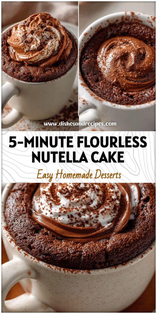 A warm Chocolate Nutella Mug Cake Flourless made in a white mug topped with creamy Nutella swirl and cocoa dust.